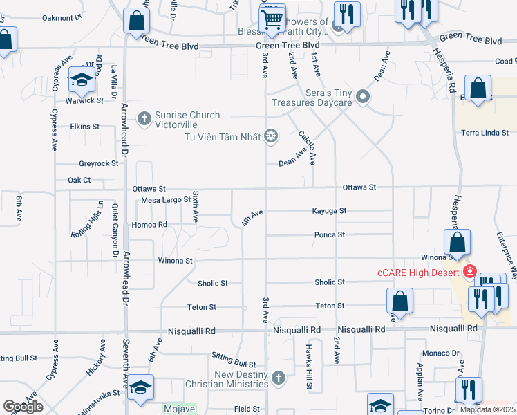 map of restaurants, bars, coffee shops, grocery stores, and more near 16480 Kayuga Street in Victorville