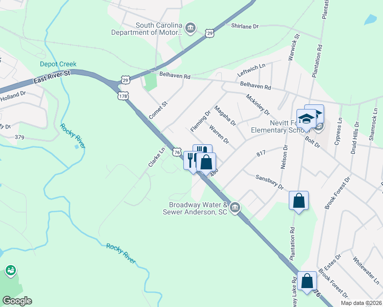 map of restaurants, bars, coffee shops, grocery stores, and more near 2213 East River Street in Anderson