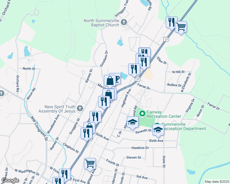 map of restaurants, bars, coffee shops, grocery stores, and more near 0 Marvin Avenue in Summerville