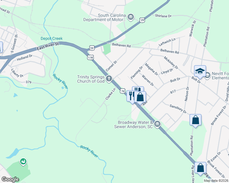 map of restaurants, bars, coffee shops, grocery stores, and more near 2208 East River Street in Anderson