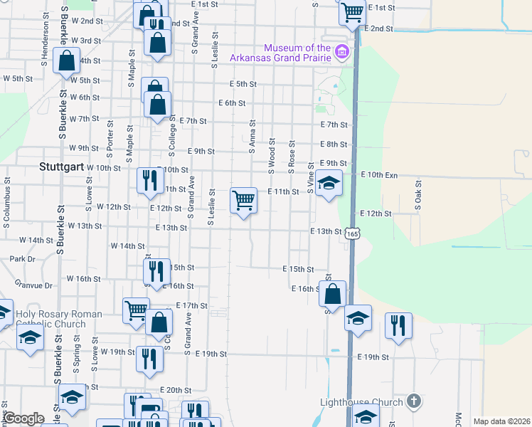 map of restaurants, bars, coffee shops, grocery stores, and more near 1209 South Anna Street in Stuttgart