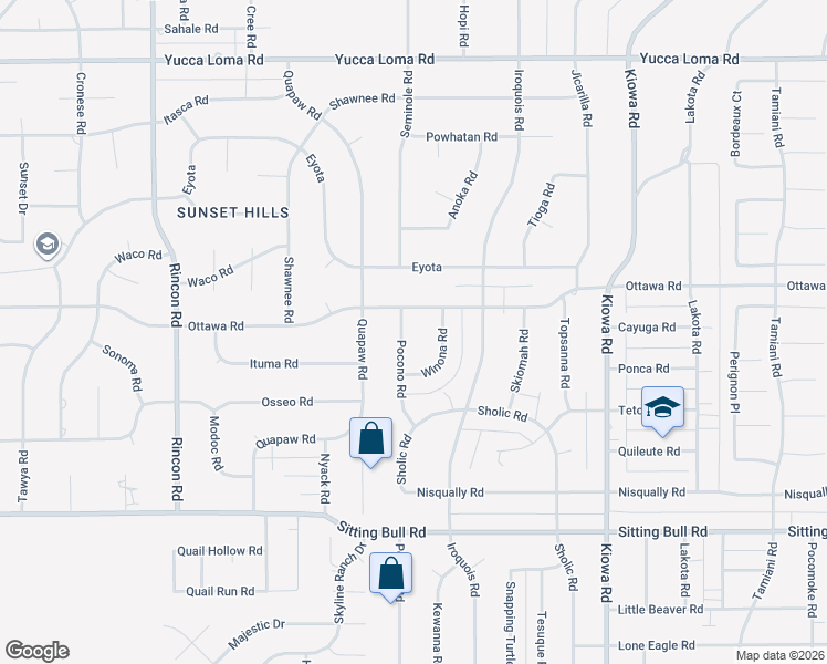 map of restaurants, bars, coffee shops, grocery stores, and more near 13227 Pocono Road in Apple Valley