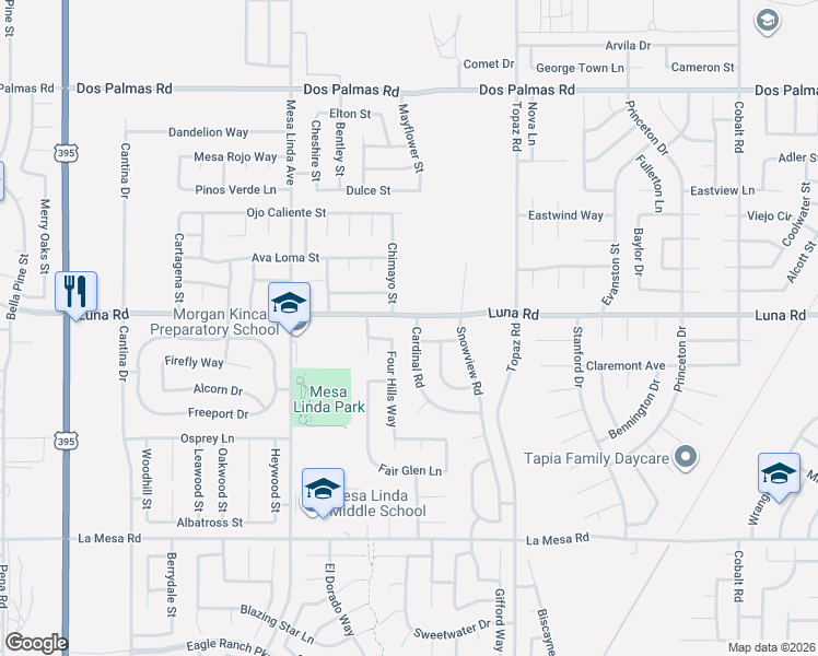 map of restaurants, bars, coffee shops, grocery stores, and more near 13228 Cardinal Road in Victorville