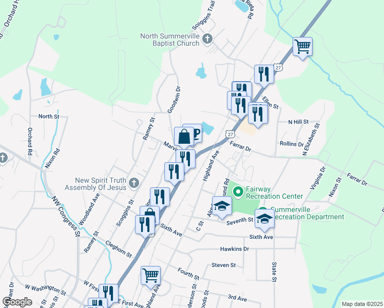 map of restaurants, bars, coffee shops, grocery stores, and more near 0 Marvin Avenue in Summerville