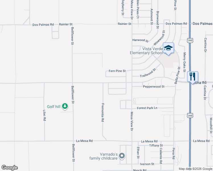 map of restaurants, bars, coffee shops, grocery stores, and more near 11528 Luna Road in Victorville