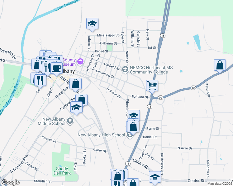 map of restaurants, bars, coffee shops, grocery stores, and more near 501-505 Highland Street in New Albany