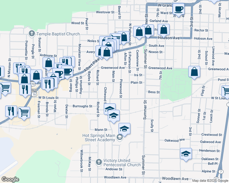 map of restaurants, bars, coffee shops, grocery stores, and more near 313 Main Street in Hot Springs