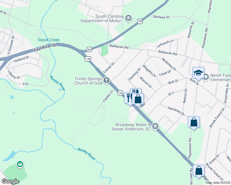 map of restaurants, bars, coffee shops, grocery stores, and more near 2206 East River Street in Anderson
