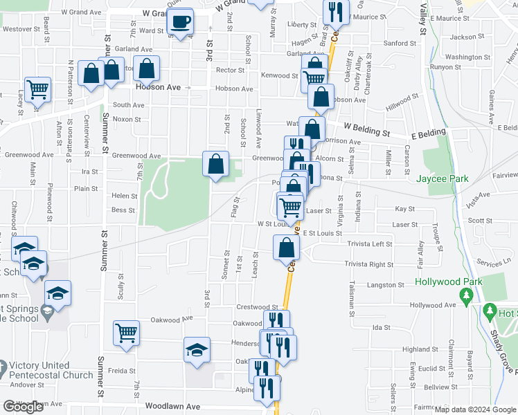 map of restaurants, bars, coffee shops, grocery stores, and more near 727 Linwood Avenue in Hot Springs