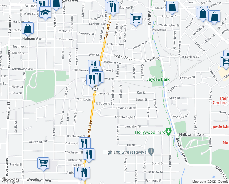 map of restaurants, bars, coffee shops, grocery stores, and more near 110 Indiana Street in Hot Springs