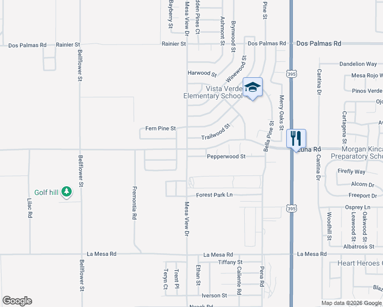 map of restaurants, bars, coffee shops, grocery stores, and more near 11710 Luna Road in Victorville