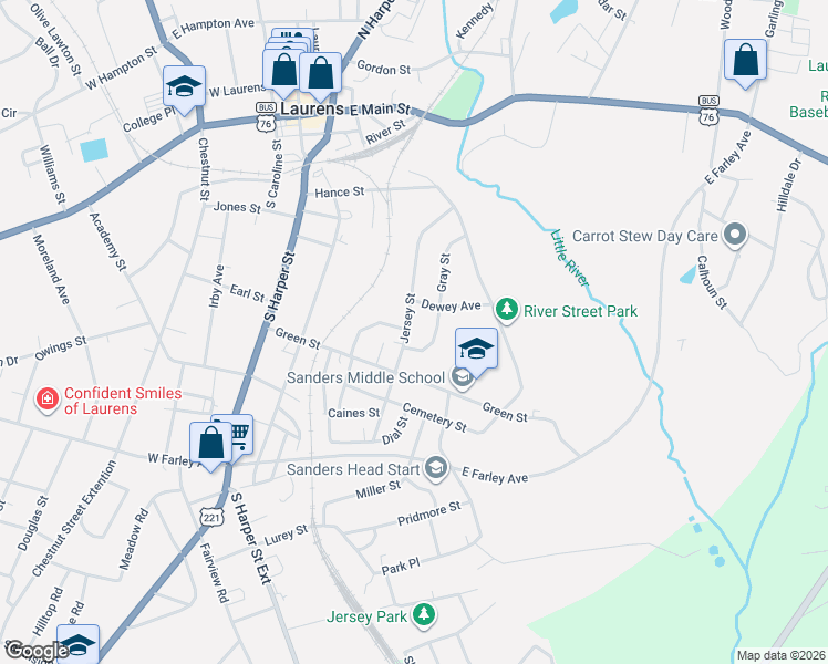 map of restaurants, bars, coffee shops, grocery stores, and more near 208 Jersey Street in Laurens