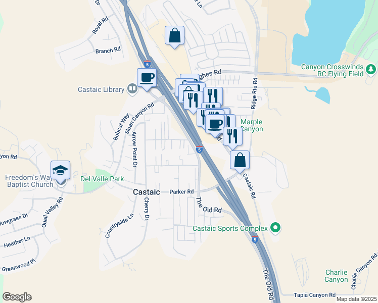map of restaurants, bars, coffee shops, grocery stores, and more near 31549 Rocca Drive in Castaic