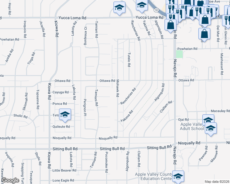 map of restaurants, bars, coffee shops, grocery stores, and more near 13253 Mohawk Road in Apple Valley