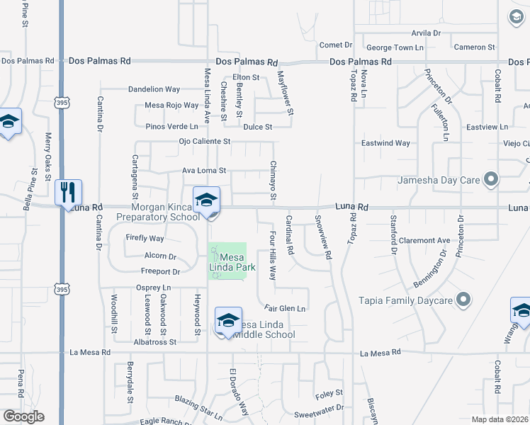 map of restaurants, bars, coffee shops, grocery stores, and more near 12664 Luna Road in Victorville