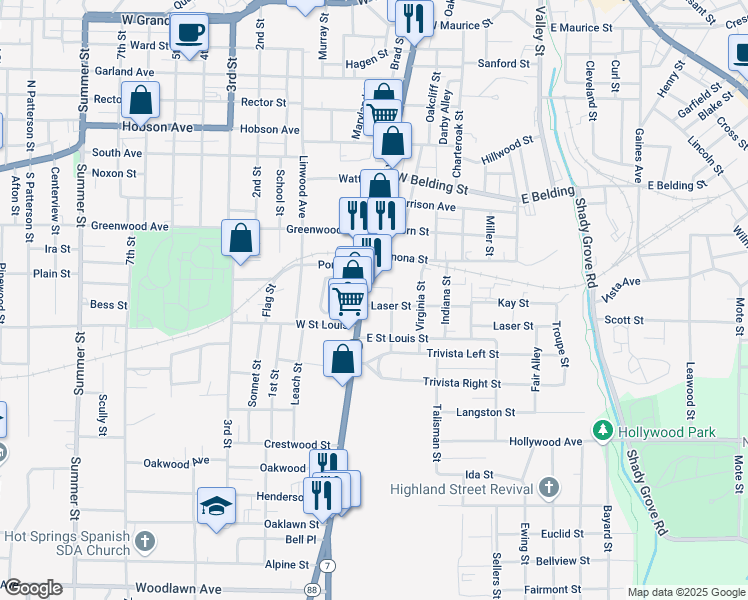 map of restaurants, bars, coffee shops, grocery stores, and more near 2008 Central Avenue in Hot Springs