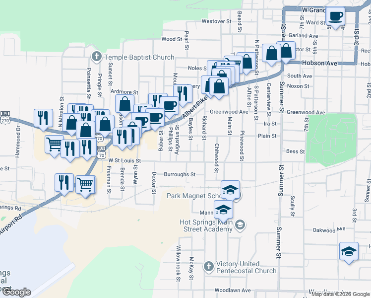 map of restaurants, bars, coffee shops, grocery stores, and more near 303 Bayles Street in Hot Springs