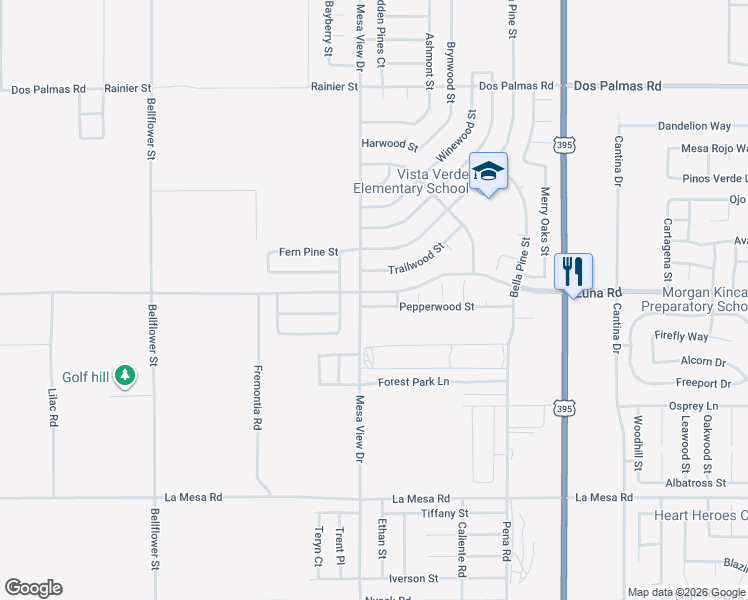 map of restaurants, bars, coffee shops, grocery stores, and more near 11710 Luna Road in Victorville