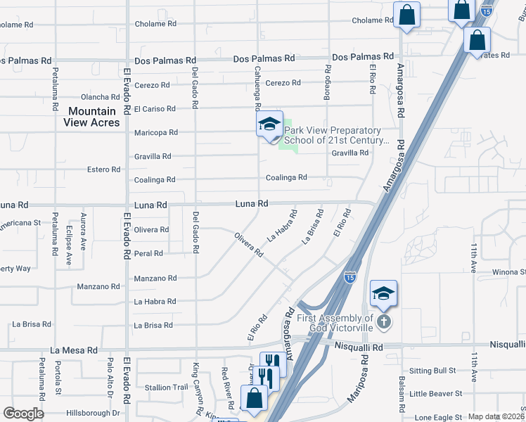 map of restaurants, bars, coffee shops, grocery stores, and more near 13320 Cahuenga Road in Victorville
