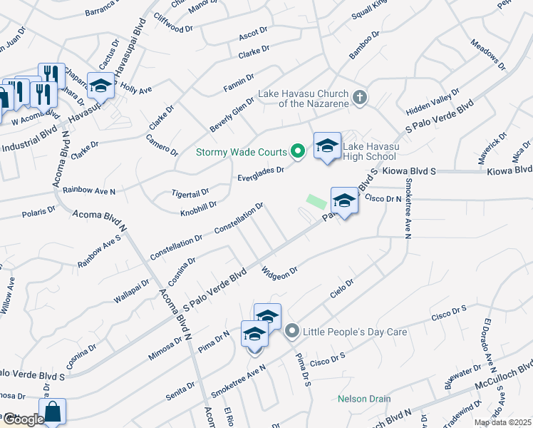 map of restaurants, bars, coffee shops, grocery stores, and more near 2473 Constellation Drive in Lake Havasu City