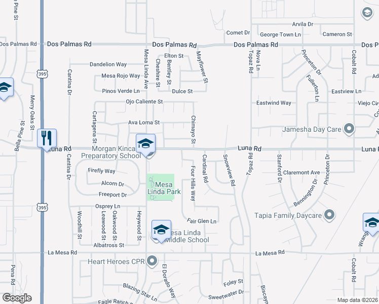 map of restaurants, bars, coffee shops, grocery stores, and more near 12661 Luna Road in Victorville
