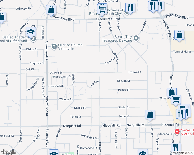 map of restaurants, bars, coffee shops, grocery stores, and more near 3rd Street in Victorville