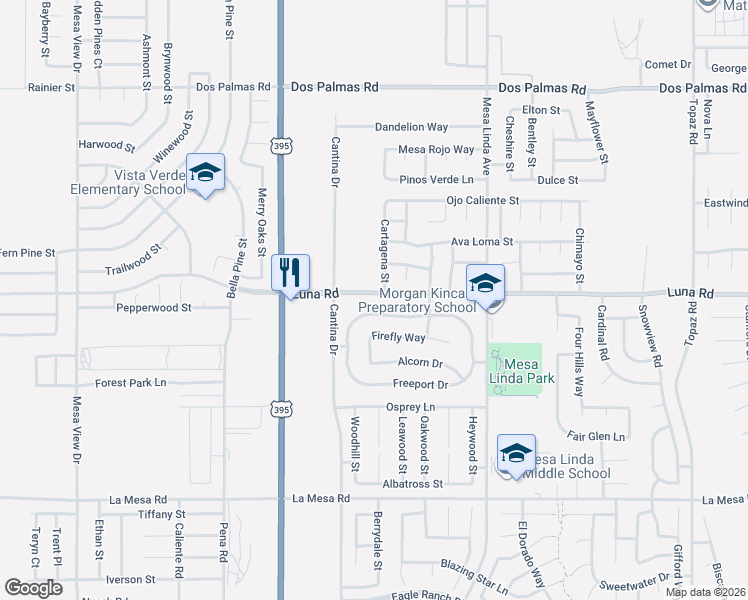 map of restaurants, bars, coffee shops, grocery stores, and more near 12779 Luna Road in Victorville