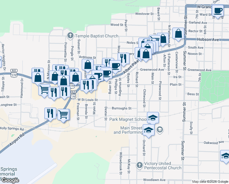 map of restaurants, bars, coffee shops, grocery stores, and more near 305 Augustus Street in Hot Springs