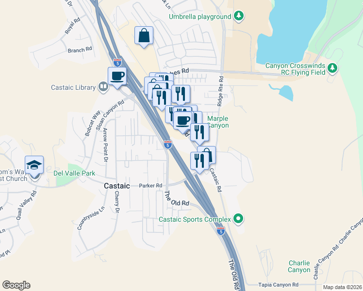 map of restaurants, bars, coffee shops, grocery stores, and more near 31557 Castaic Road in Castaic