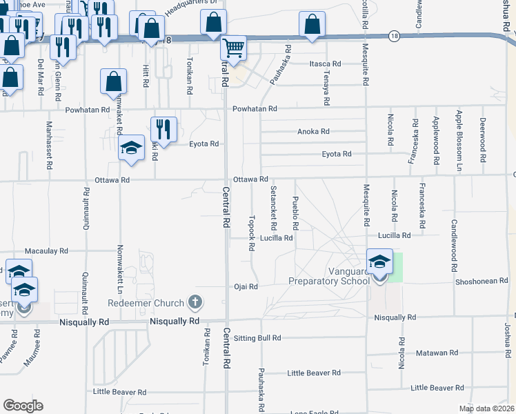 map of restaurants, bars, coffee shops, grocery stores, and more near 13255 Topock Road in Apple Valley