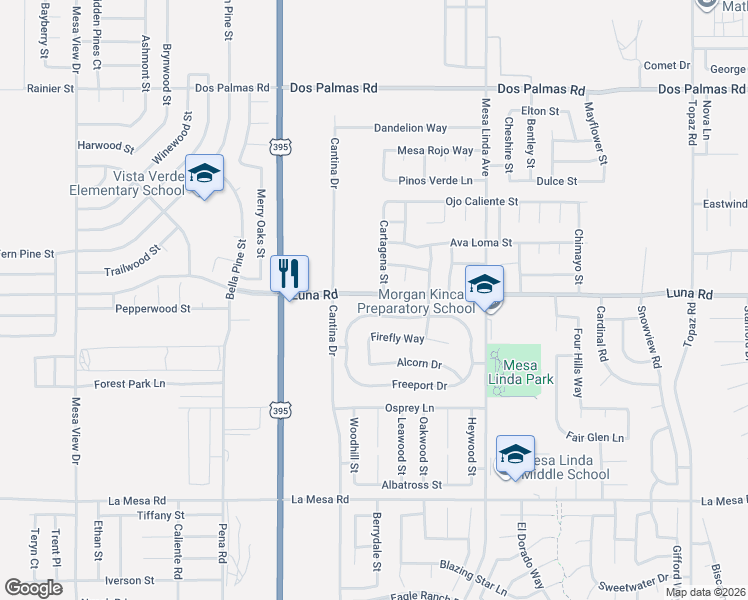 map of restaurants, bars, coffee shops, grocery stores, and more near 12251 Luna Road in Victorville