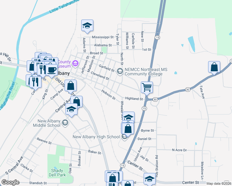 map of restaurants, bars, coffee shops, grocery stores, and more near 201 North Street in New Albany