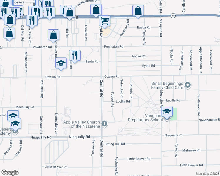 map of restaurants, bars, coffee shops, grocery stores, and more near 13255 Topock Road in Apple Valley
