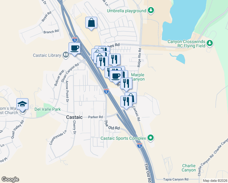 map of restaurants, bars, coffee shops, grocery stores, and more near 31557 Castaic Road in Castaic