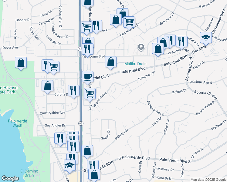 map of restaurants, bars, coffee shops, grocery stores, and more near 1792 Bahama Avenue in Lake Havasu City
