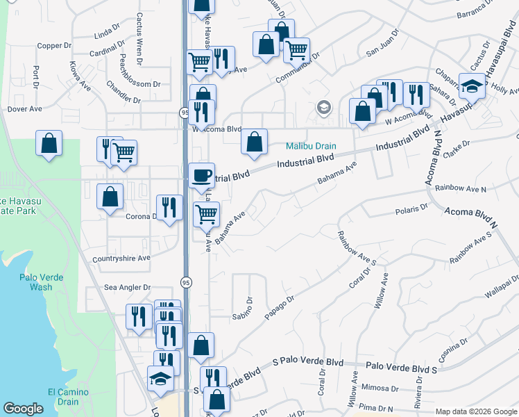 map of restaurants, bars, coffee shops, grocery stores, and more near 1792 Bahama Avenue in Lake Havasu City