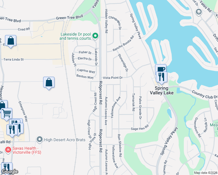 map of restaurants, bars, coffee shops, grocery stores, and more near 17760 Granada Drive in Victorville