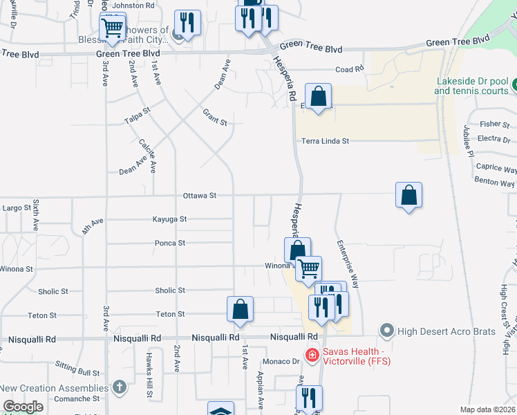 map of restaurants, bars, coffee shops, grocery stores, and more near 13292 Great Falls Avenue in Victorville