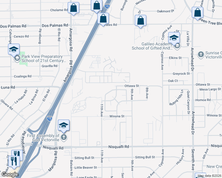 map of restaurants, bars, coffee shops, grocery stores, and more near 13286 Kootenay Street in Victorville