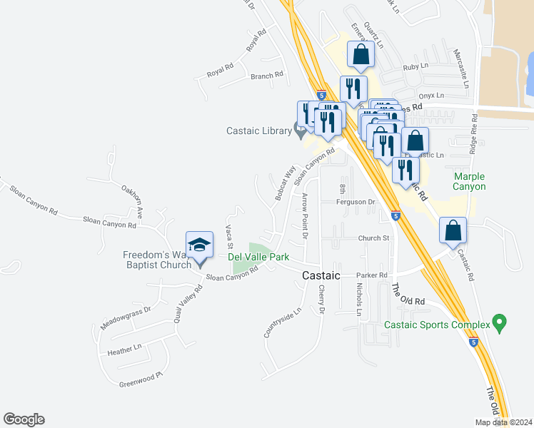 map of restaurants, bars, coffee shops, grocery stores, and more near 31565 Hipshot Drive in Castaic