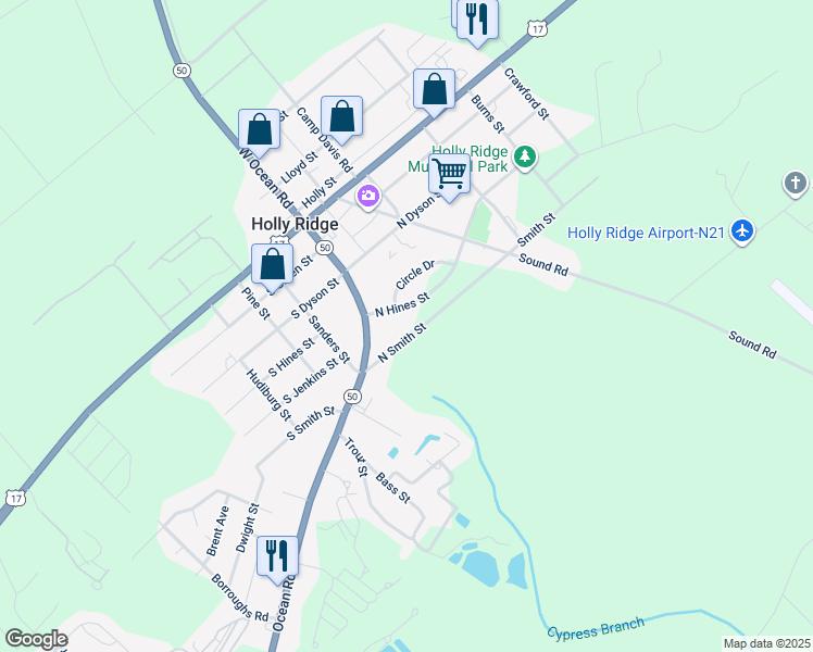 map of restaurants, bars, coffee shops, grocery stores, and more near 131 Smith Street in Holly Ridge