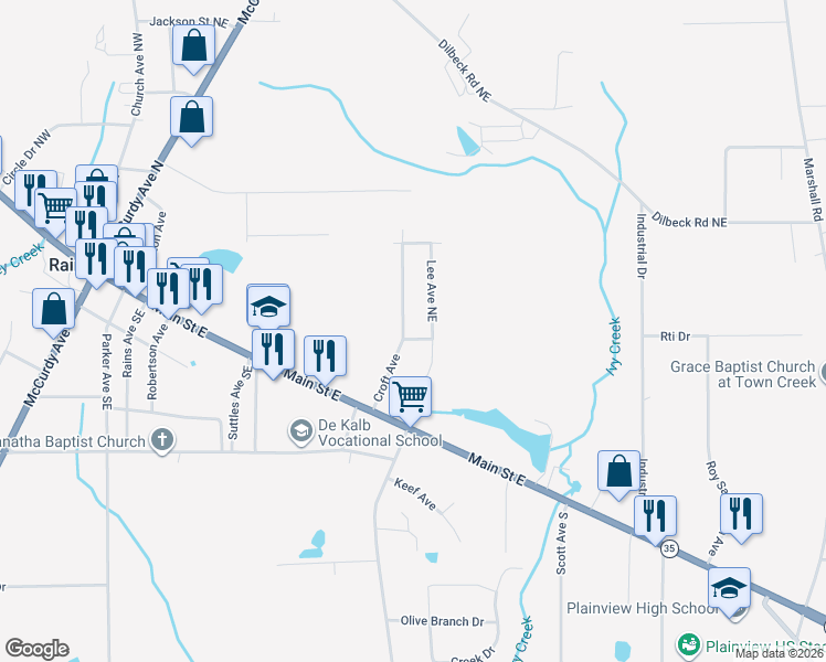 map of restaurants, bars, coffee shops, grocery stores, and more near 147 Lee Avenue Northeast in Rainsville