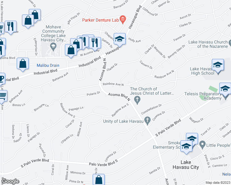 map of restaurants, bars, coffee shops, grocery stores, and more near 556 Acoma Boulevard North in Lake Havasu City