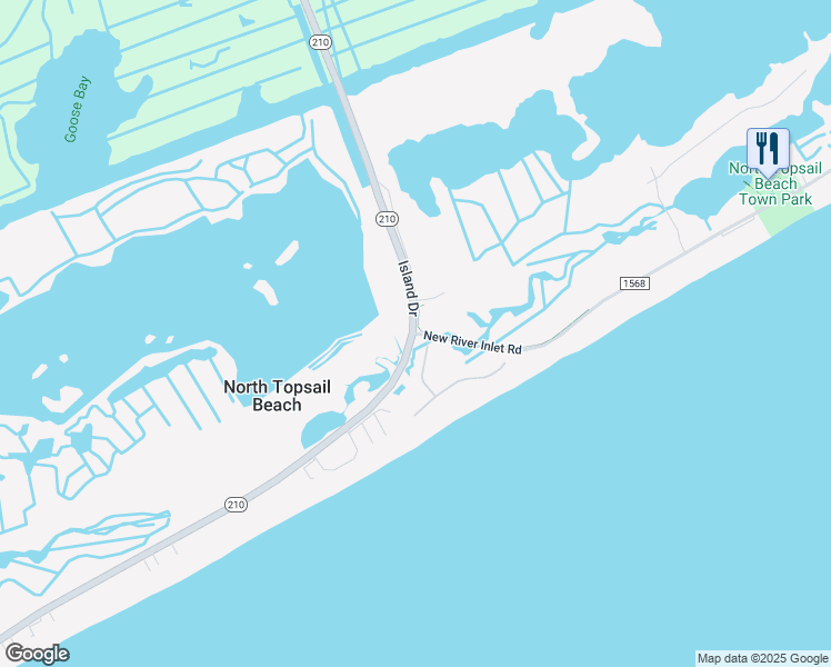 map of restaurants, bars, coffee shops, grocery stores, and more near 104 New River Inlet Road in North Topsail Beach