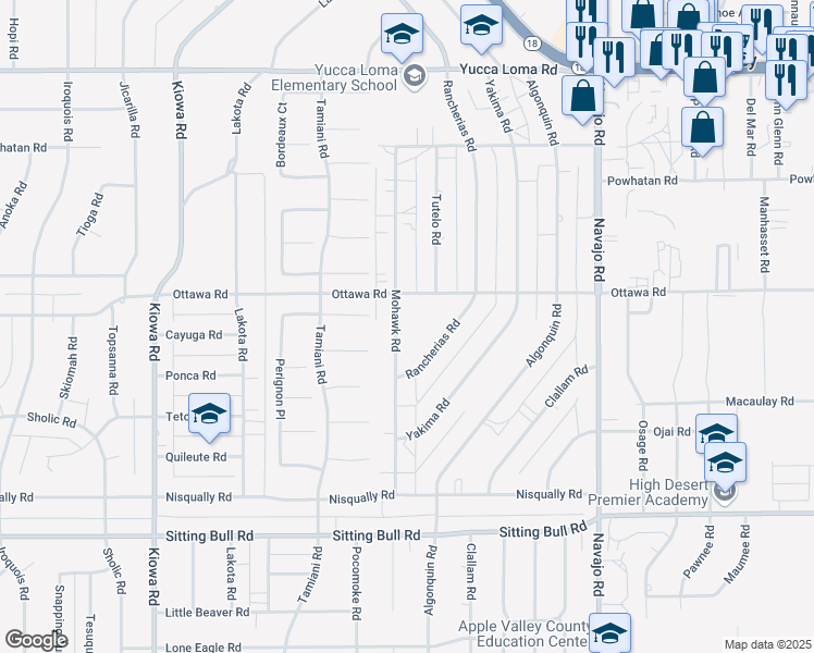 map of restaurants, bars, coffee shops, grocery stores, and more near 13237 Mohawk Road in Apple Valley
