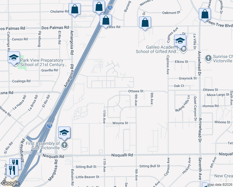 map of restaurants, bars, coffee shops, grocery stores, and more near 13286 Kootenay Street in Victorville