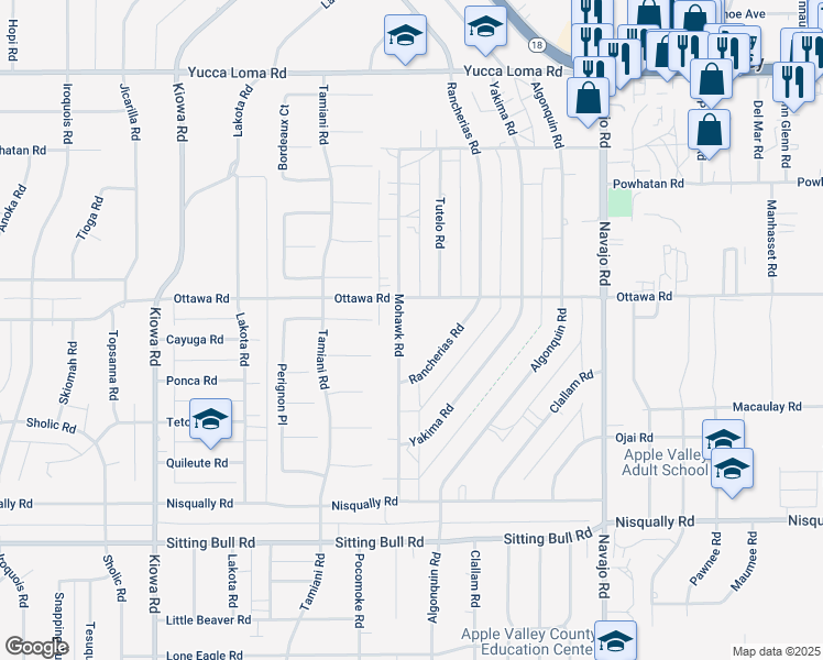 map of restaurants, bars, coffee shops, grocery stores, and more near 13237 Mohawk Road in Apple Valley