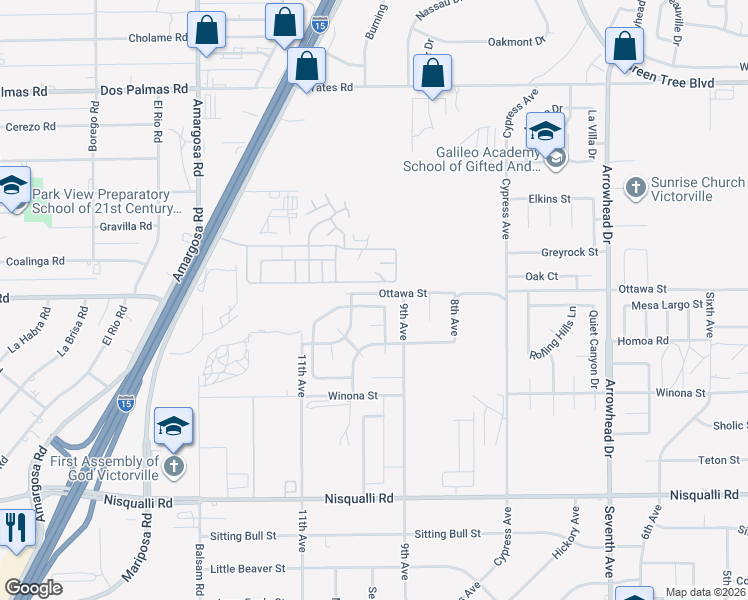 map of restaurants, bars, coffee shops, grocery stores, and more near 13261 Inca Way in Victorville
