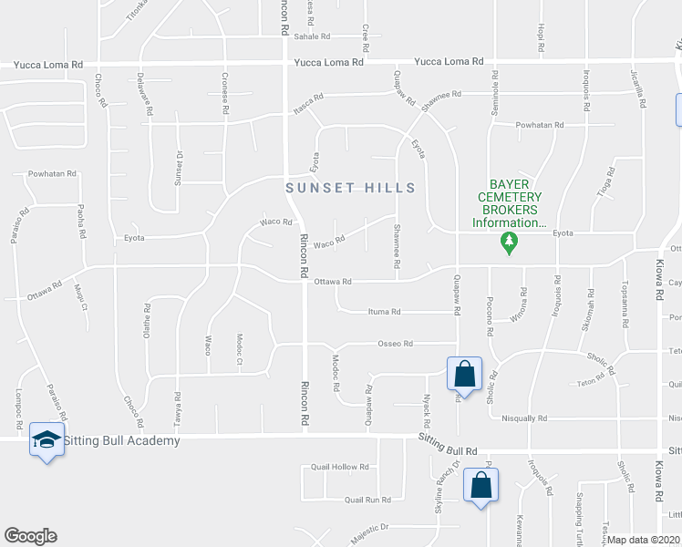 map of restaurants, bars, coffee shops, grocery stores, and more near 20180 Ottawa Road in Apple Valley