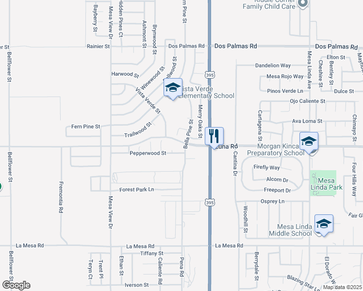 map of restaurants, bars, coffee shops, grocery stores, and more near 11987 Luna Road in Victorville